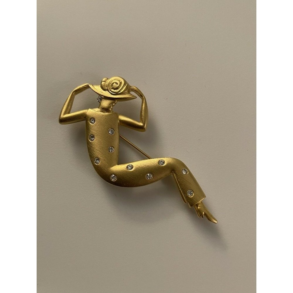 Novelty Pin Lady Woman Gold Colored Stones Hat  Deco D11